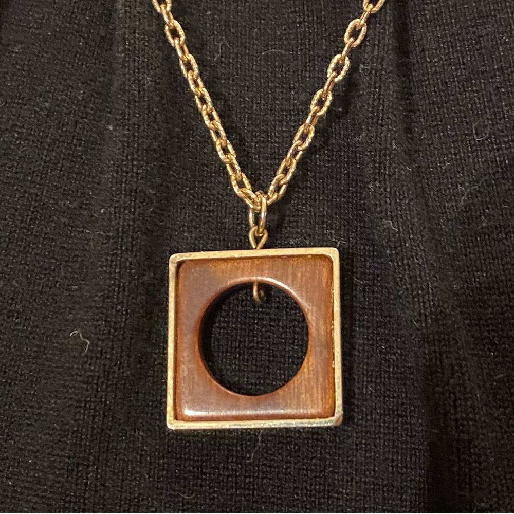 1970’s 24 inch art deco retro wooden necklace Gold plated necklace